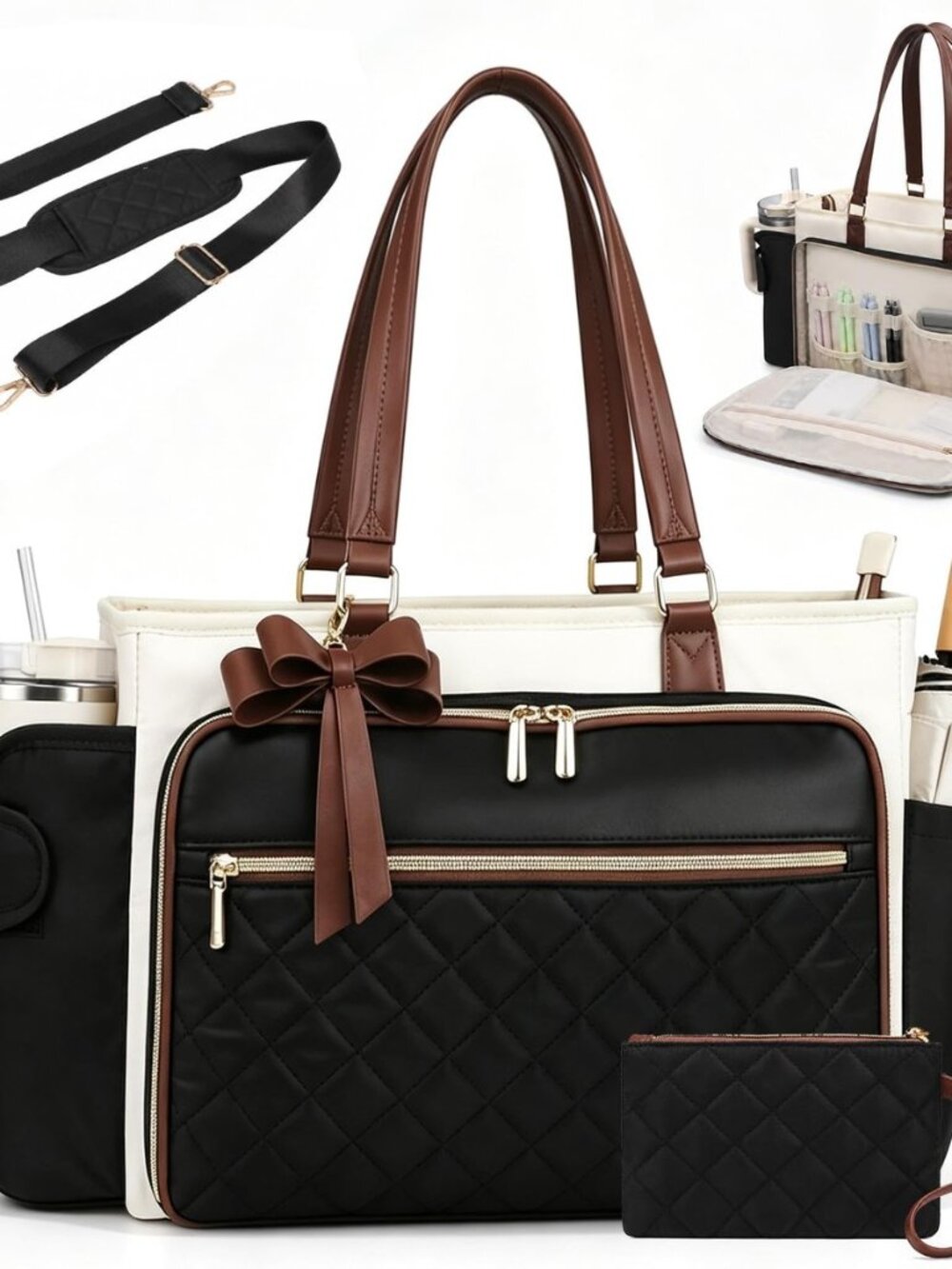 Teacher Laptop Tote Bag for Women with Large Leakproof Cup Holder, Waterproof